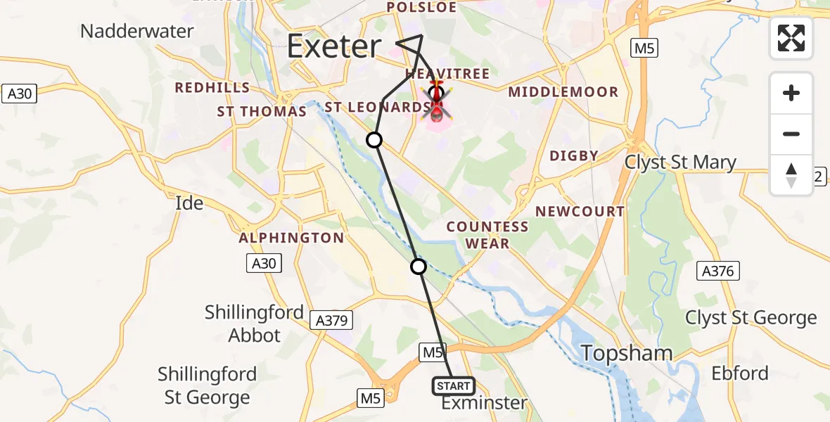 Flight route Air Ambulance Helicopter Exminster - Royal Devon & Exeter Hospital, 14 June 2026, 08:07