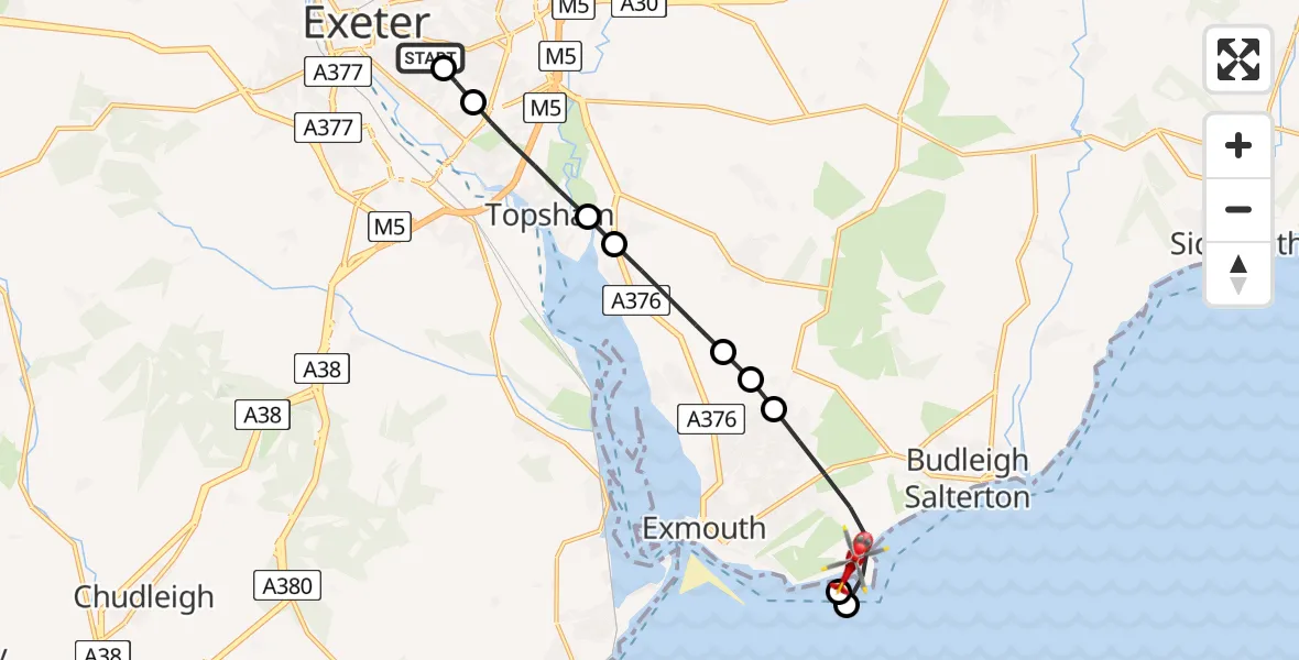 Flight route Air Ambulance Helicopter Royal Devon & Exeter Hospital - Exmouth, 14 June 2026, 08:41
