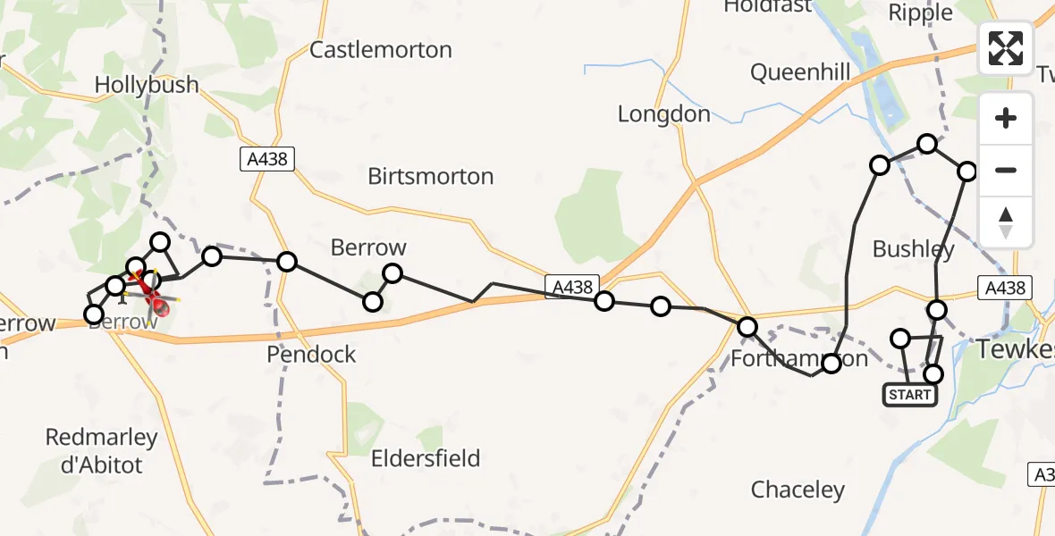 Flight route Air Ambulance Helicopter Tewkesbury - Berrow Airstrip, 14 June 2026, 08:43