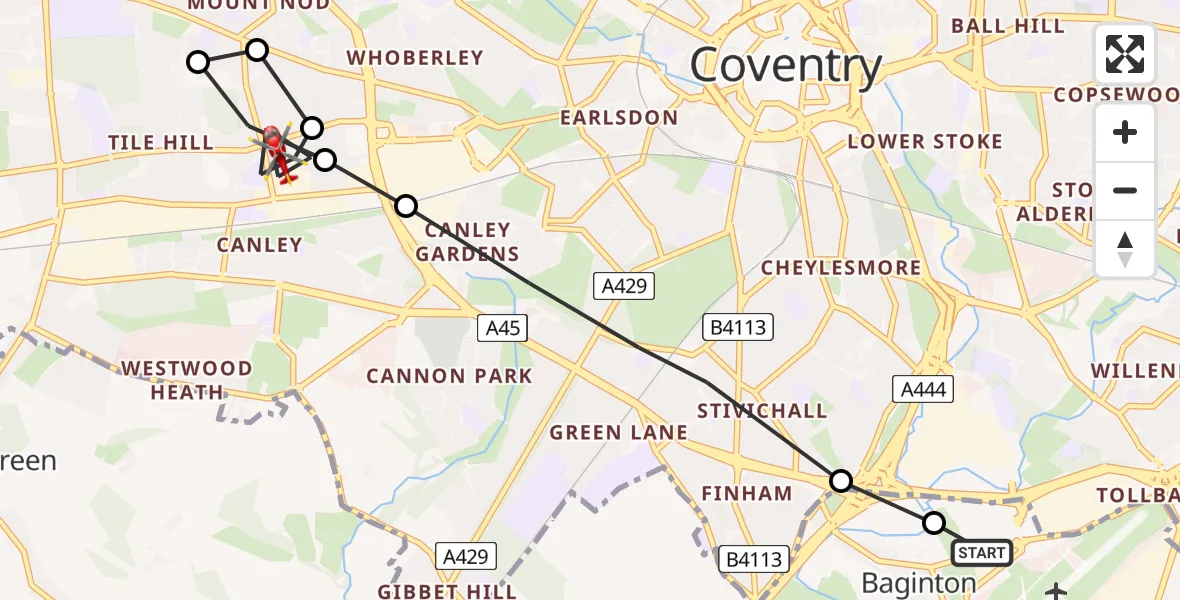 Flight route Air Ambulance Helicopter Coventry Airport - Canley, 14 June 2026, 08:57