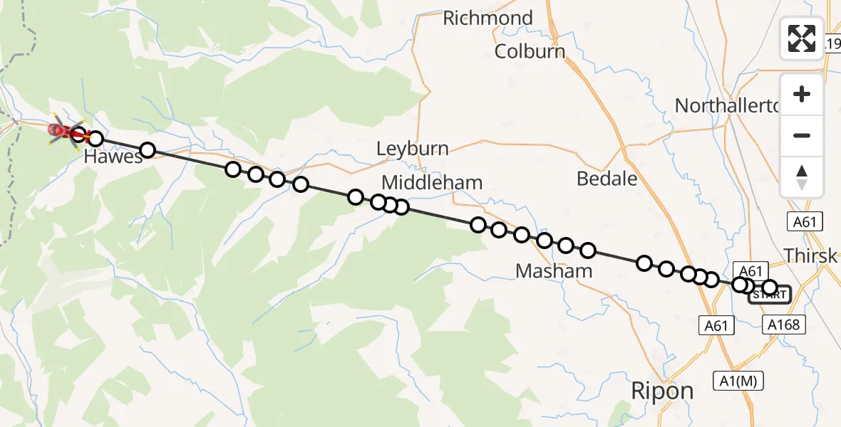 Flight route Air Ambulance Helicopter RAF Topcliffe - Hawes, 14 June 2026, 08:57