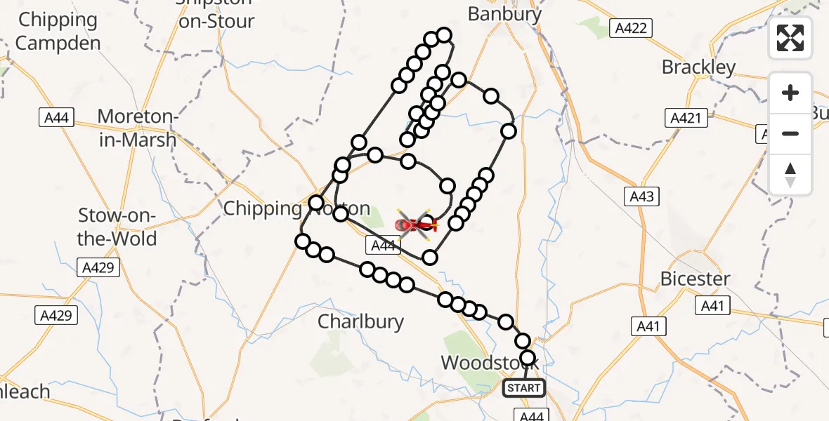 Flight route Air Ambulance Helicopter London Oxford Airport - Enstone Aerodrome, 14 June 2026, 09:08