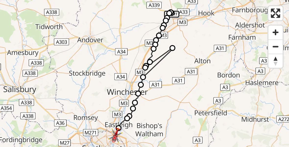 Flight route Air Ambulance Helicopter North Hampshire Hospital - Mansbridge, 14 June 2026, 09:09