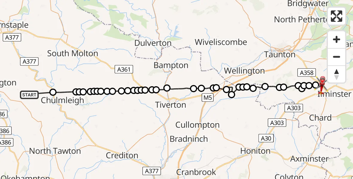 Flight route Air Ambulance Helicopter Eaglescott Airfield - Ashill, 14 June 2026, 09:18