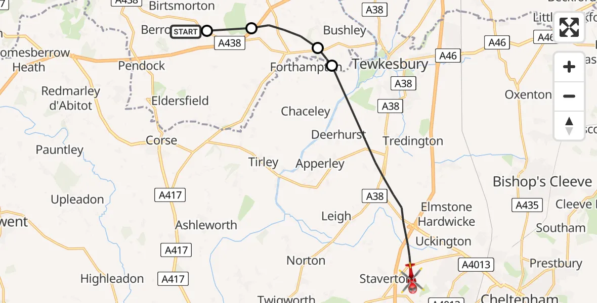 Flight route Air Ambulance Helicopter Berrow - Tewkesbury, 14 June 2026, 09:22