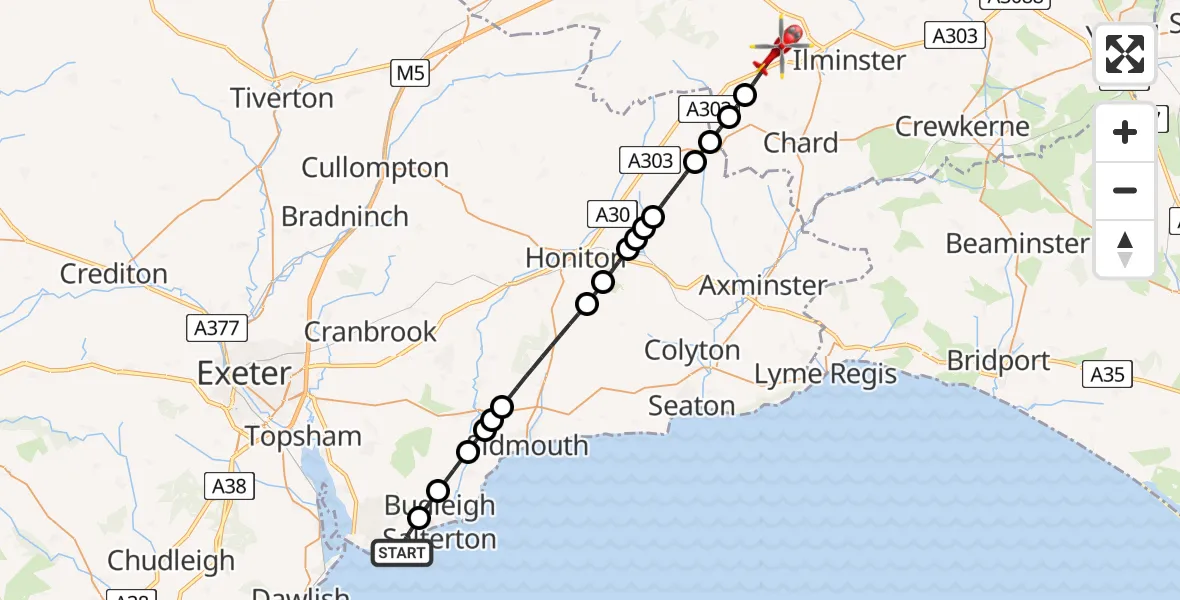 Flight route Air Ambulance Helicopter Exmouth - Ilminster, 14 June 2026, 09:33