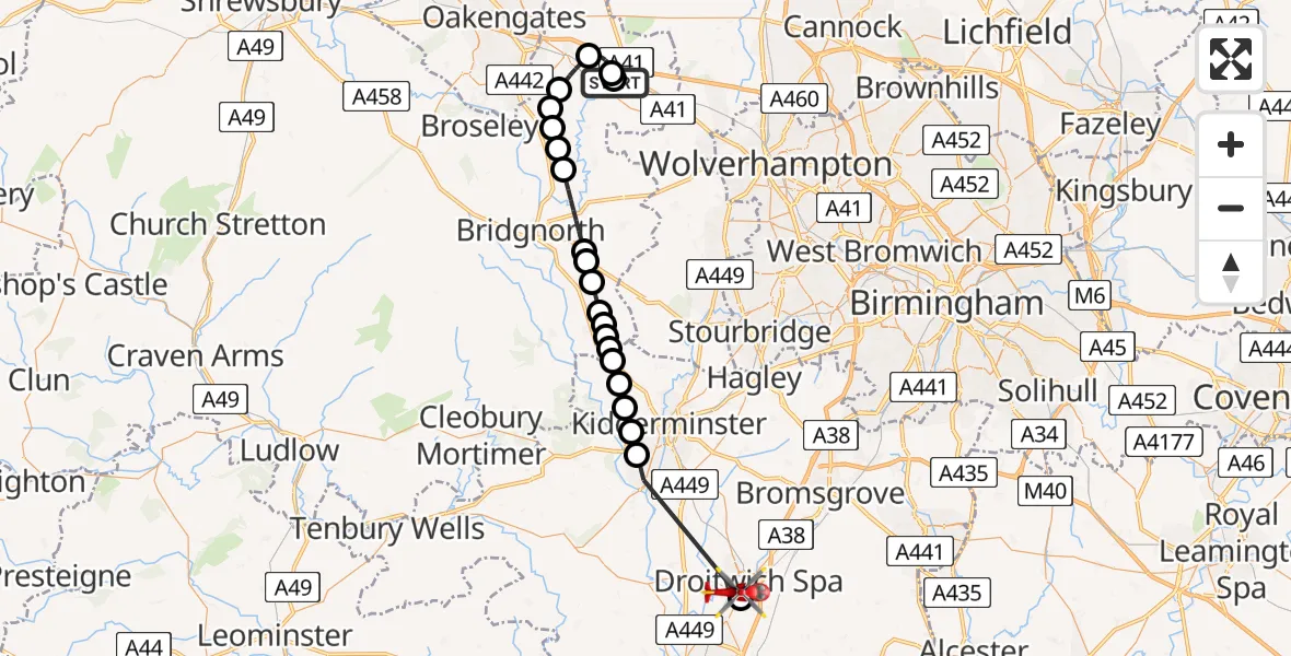 Flight route Air Ambulance Helicopter RAF Cosford - Droitwich Spa, 14 June 2026, 09:34