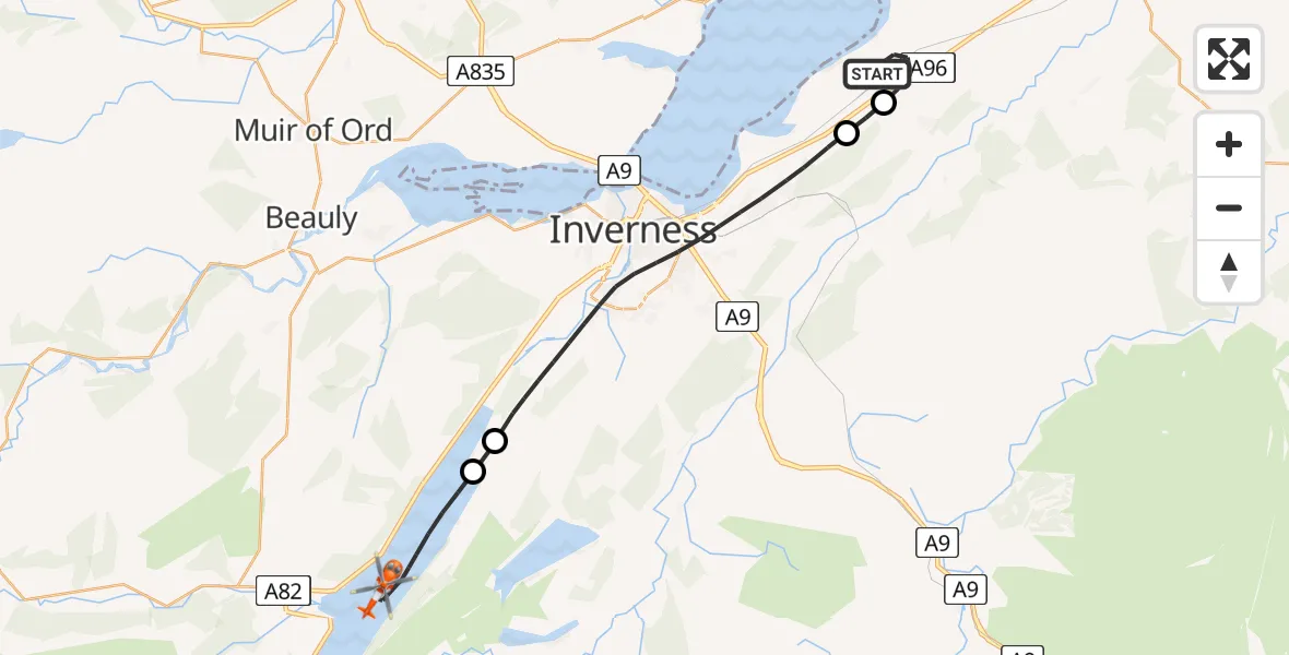 Flight route Coastguard Helicopter Inverness Airport - Loch Ness, 14 June 2026, 09:35