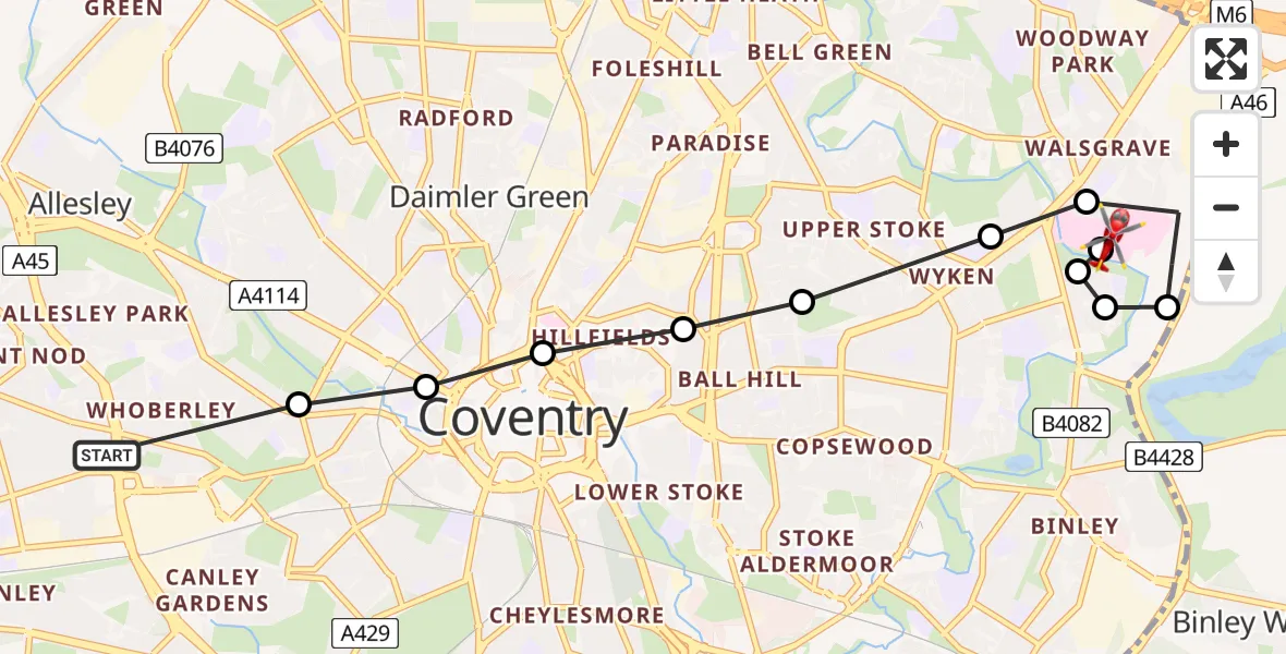 Flight route Air Ambulance Helicopter Whoberley - University Hospital Coventry, 14 June 2026, 10:00