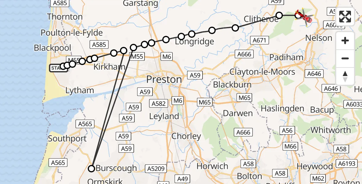 Flight route Air Ambulance Helicopter Common Edge - Pendle, 14 June 2026, 10:01