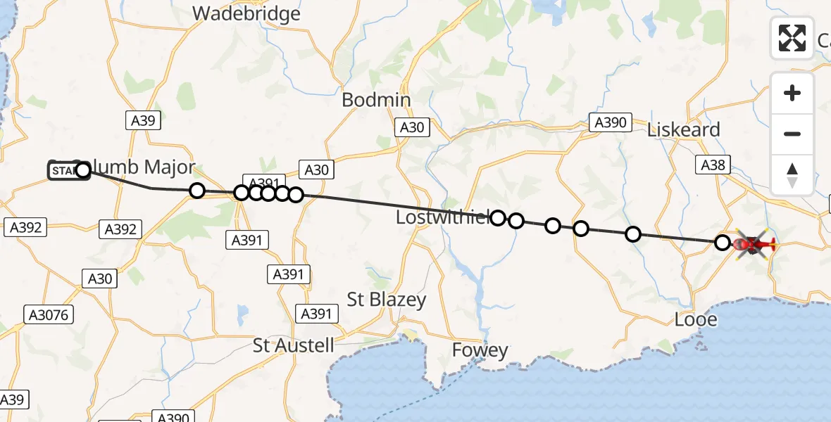 Flight route Air Ambulance Helicopter Cornwall Airport Newquay - Morval, 14 June 2026, 10:04