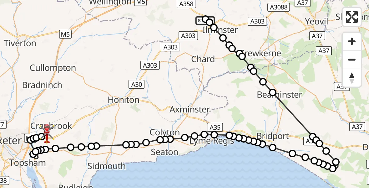 Flight route Air Ambulance Helicopter Broadway - Exeter International Airport, 14 June 2026, 10:04