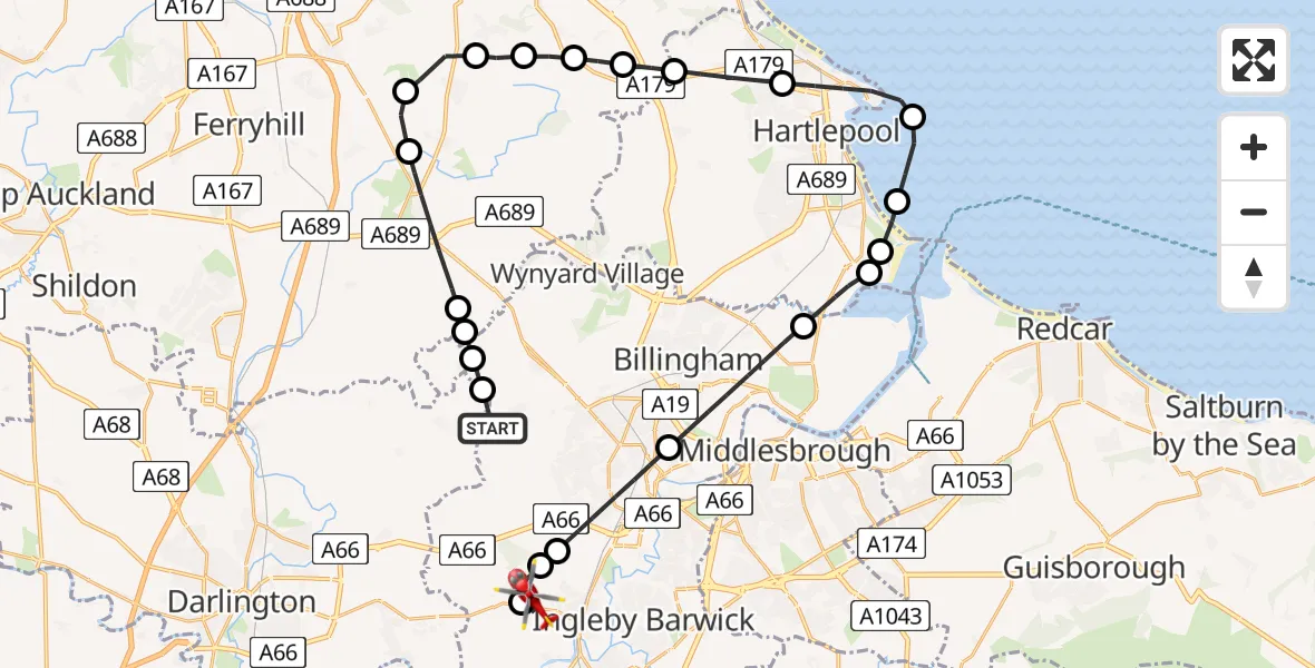Flight route Air Ambulance Helicopter Redmarshall - Egglescliffe, 14 June 2026, 10:14