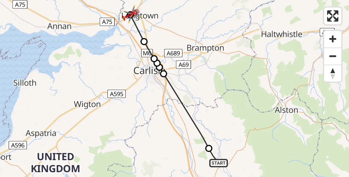 Flight route Air Ambulance Helicopter Great Salkeld - Longtown, 14 June 2026, 10:17