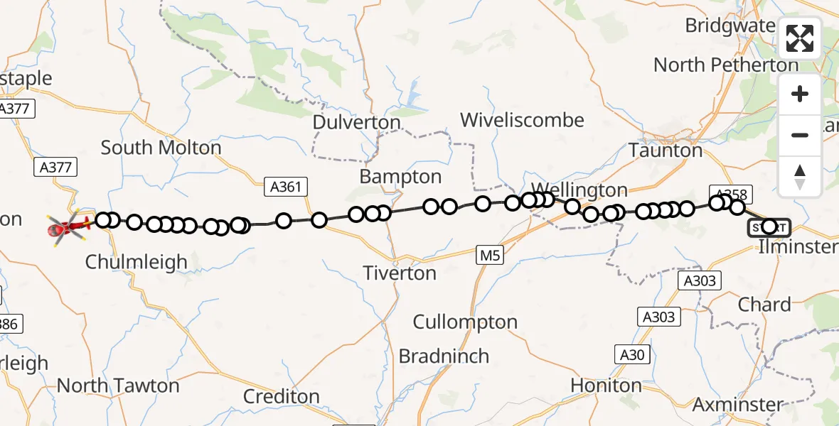 Flight route Air Ambulance Helicopter Broadway - Burrington, 14 June 2026, 10:19