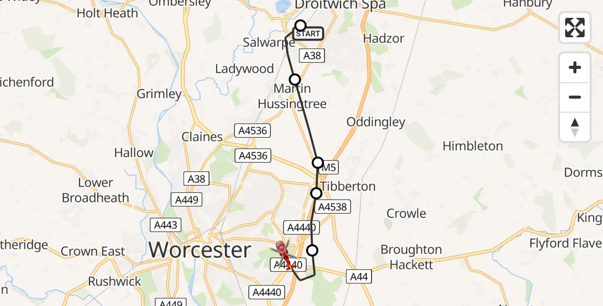 Flight route Air Ambulance Helicopter Droitwich Spa - Wychavon, 14 June 2026, 10:21