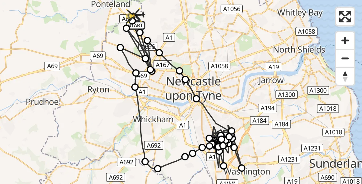 Flight route Police Helicopter Newcastle International Airport - Newcastle International Airport, 14 June 2026, 10:33