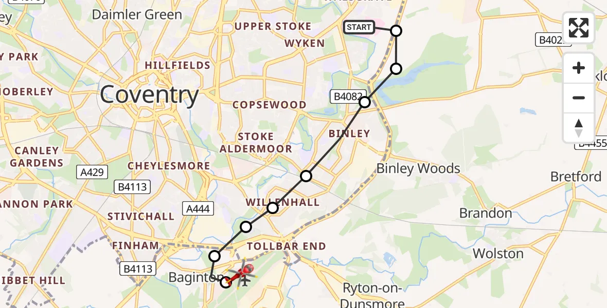 Flight route Air Ambulance Helicopter University Hospital Coventry - Coventry Airport, 14 June 2026, 10:33
