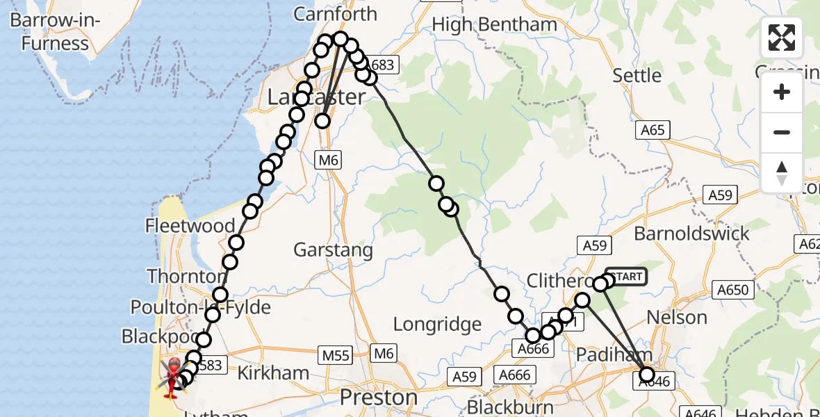 Flight route Air Ambulance Helicopter Ribble Valley - Blackpool Airport, 14 June 2026, 10:49