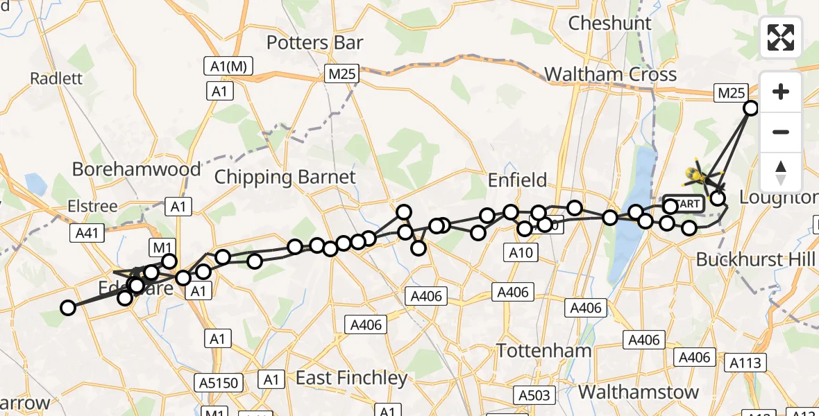 Flight route Police Helicopter Chingford - Sewardstonebury, 14 June 2026, 10:54