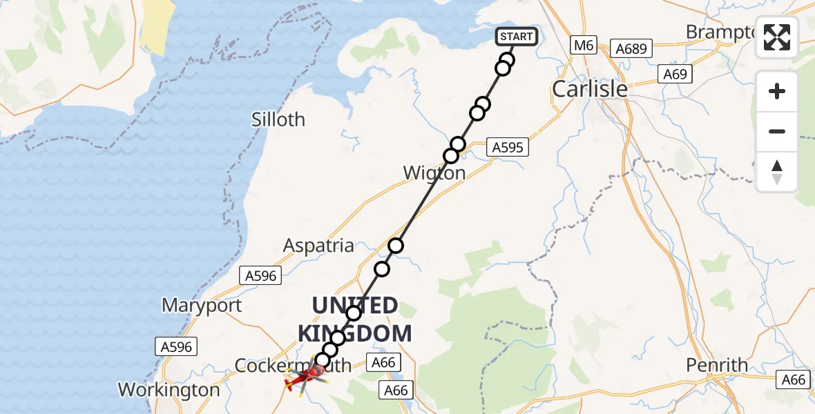 Flight route Air Ambulance Helicopter Beaumont - Cockermouth, 14 June 2026, 11:01