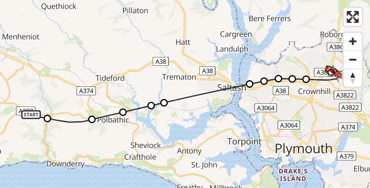 Flight route Air Ambulance Helicopter Morval - Derriford Hospital, 14 June 2026, 11:04