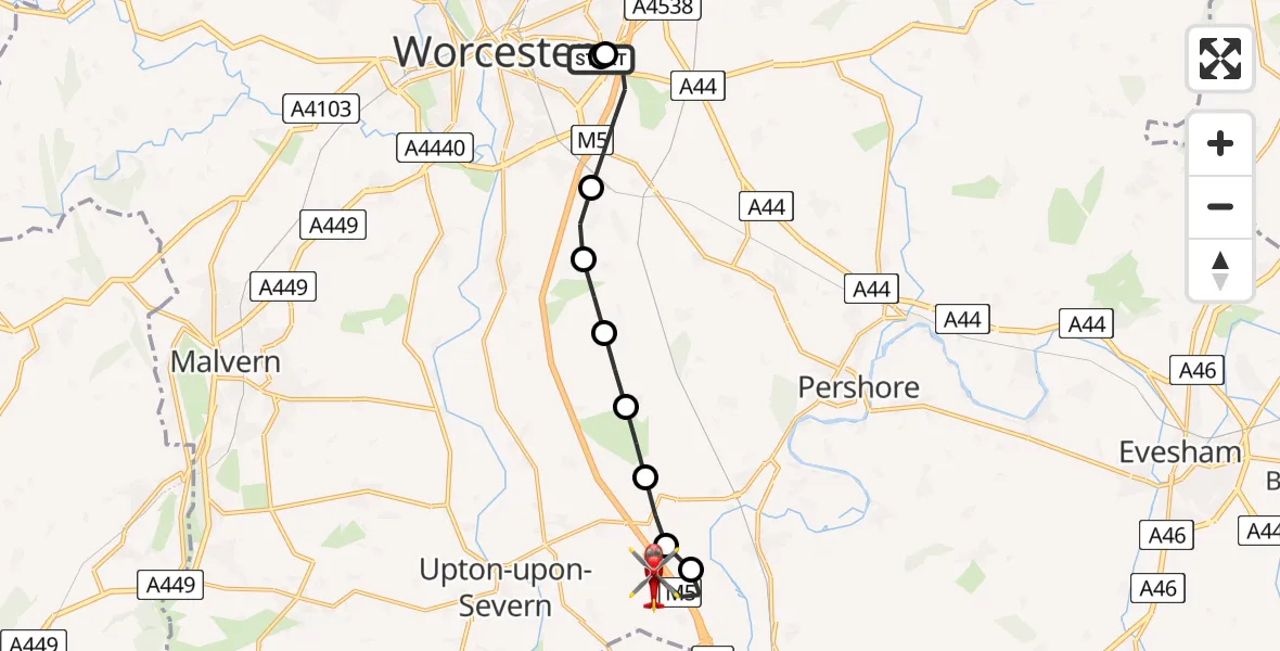 Flight route Air Ambulance Helicopter Worcester Royal Hospital - Upper Strensham, 14 June 2026, 11:05
