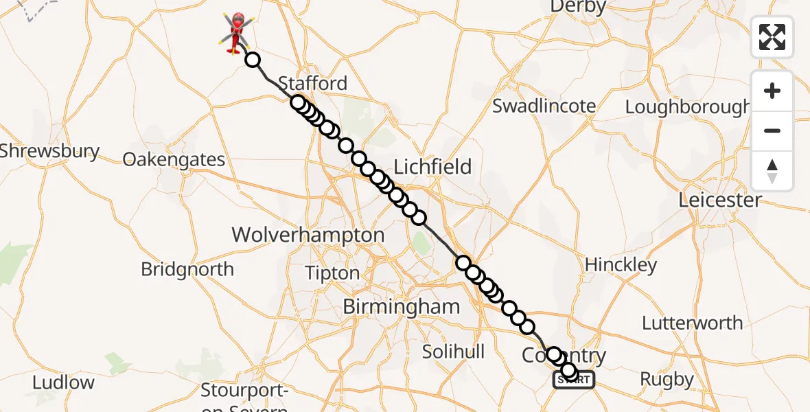 Flight route Air Ambulance Helicopter Coventry Airport - Eccleshall, 14 June 2026, 11:08