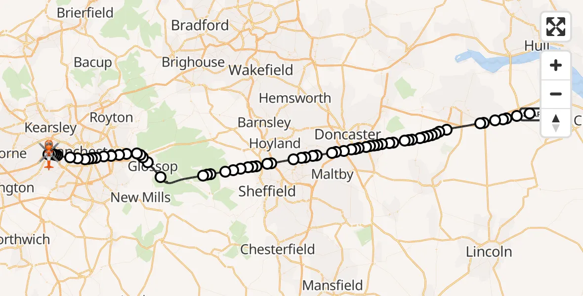 Flight route Coastguard Helicopter Humberside Airport - Manchester Barton Aerodrome, 14 June 2026, 11:13
