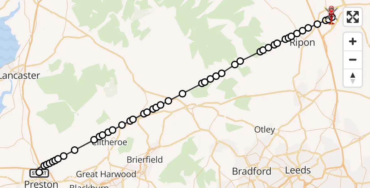 Flight route Air Ambulance Helicopter Royal Preston - RAF Topcliffe, 14 June 2026, 11:18