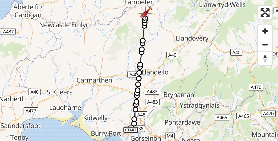 Flight route Air Ambulance Helicopter Dafen - Cwmann, 14 June 2026, 11:25