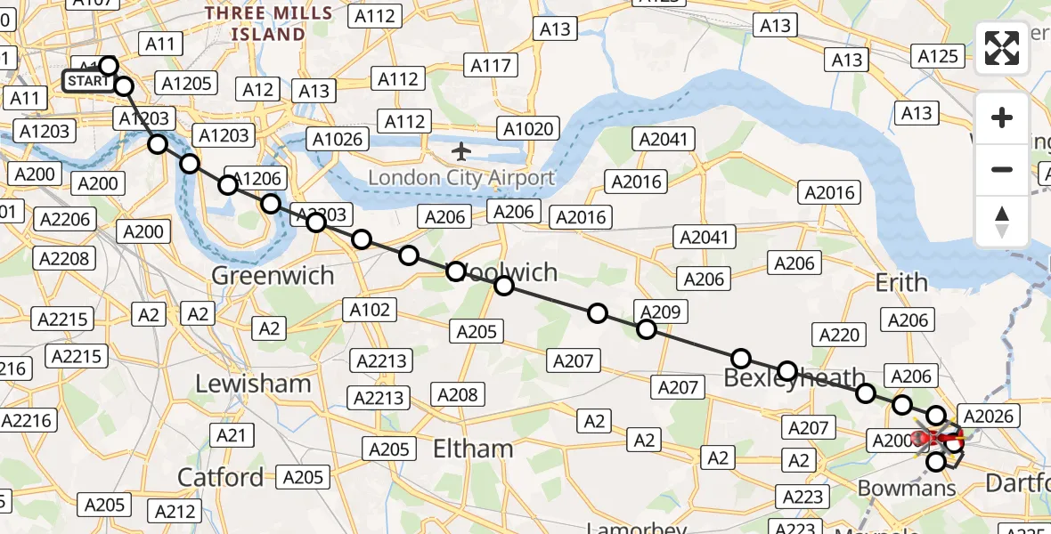 Flight route Air Ambulance Helicopter Royal London Hospital - Barnes Cray, 14 June 2026, 11:32