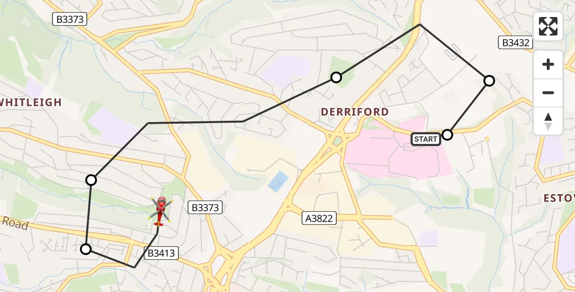 Flight route Air Ambulance Helicopter Derriford Hospital - Crownhill, 14 June 2026, 11:46