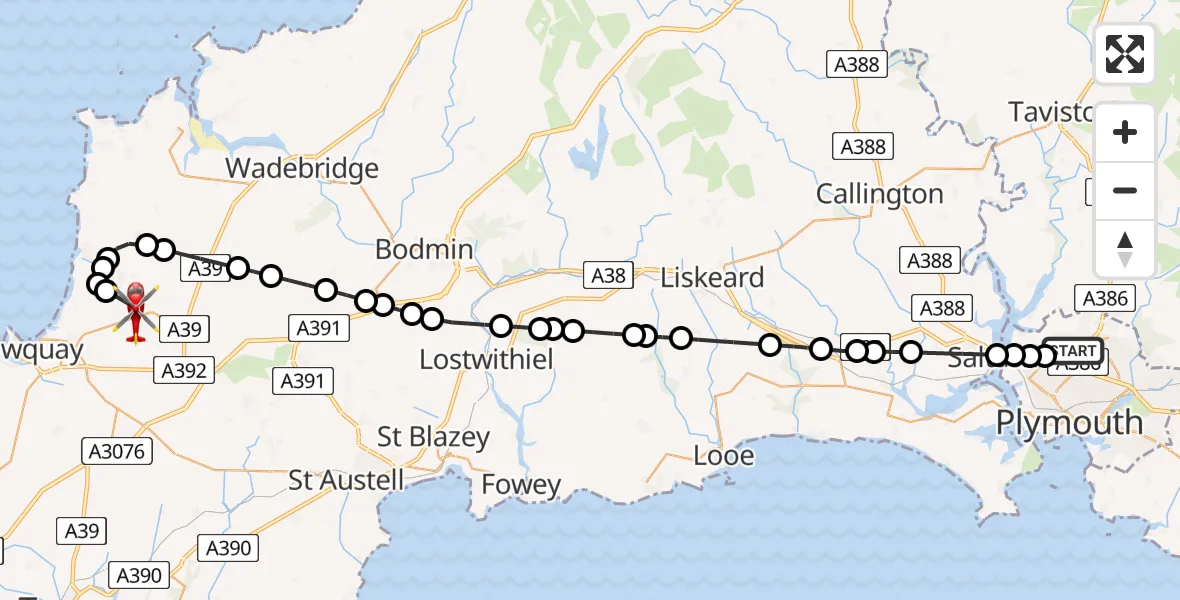 Flight route Air Ambulance Helicopter Crownhill - Cornwall Airport Newquay, 14 June 2026, 12:00
