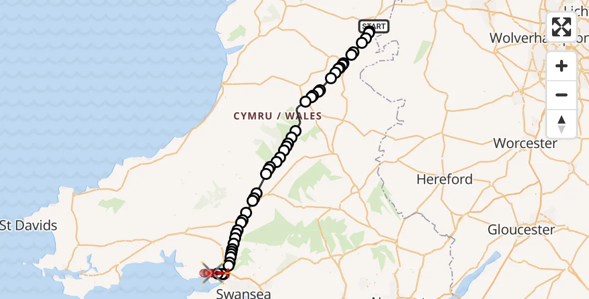 Flight route Air Ambulance Helicopter Welshpool Airport - Dafen, 14 June 2026, 12:00