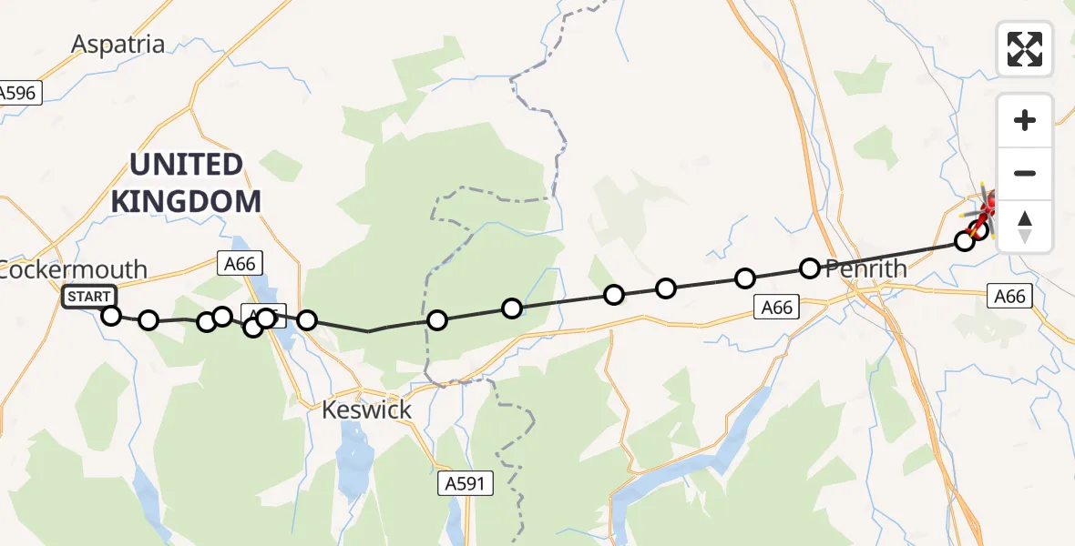 Flight route Air Ambulance Helicopter Cockermouth - Langwathby, 14 June 2026, 12:12