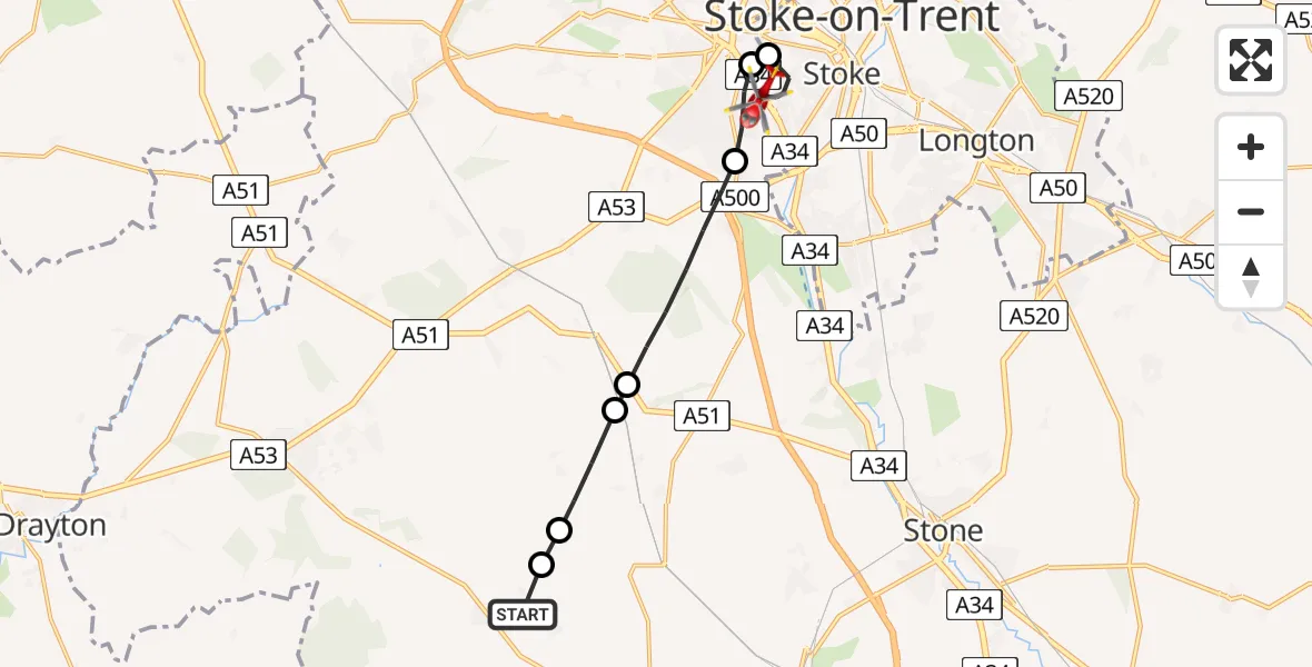 Flight route Air Ambulance Helicopter Eccleshall - Newcastle-under-Lyme, 14 June 2026, 12:24