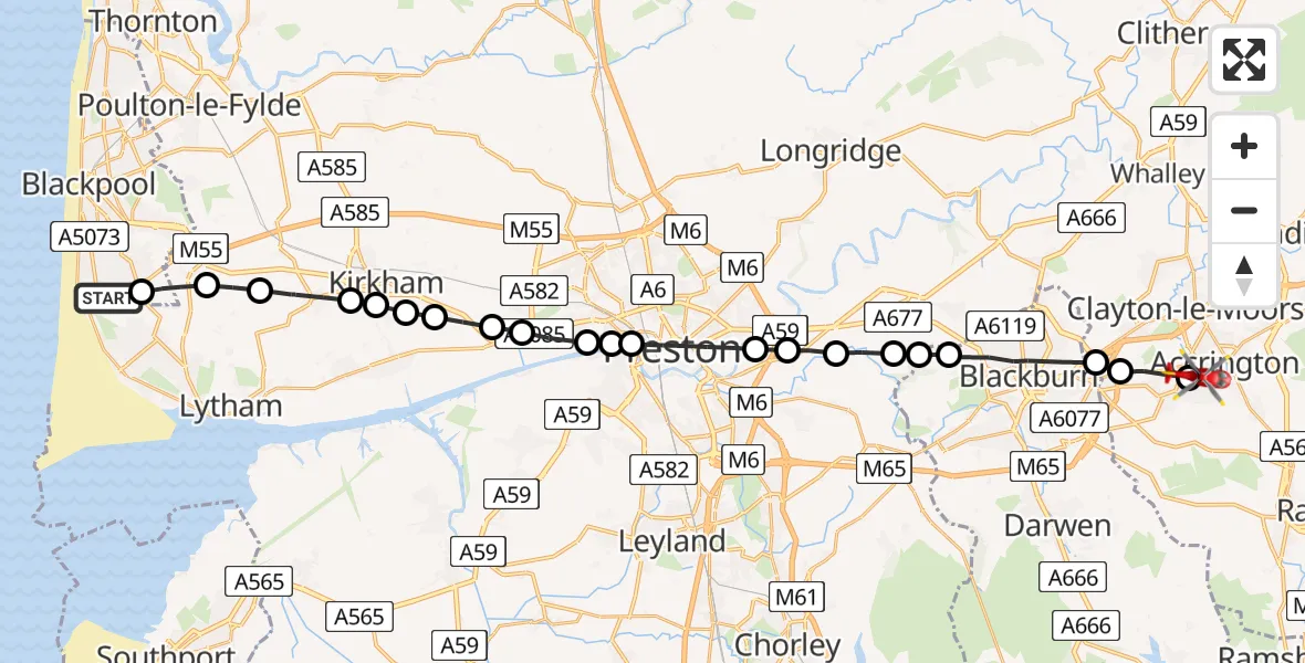 Flight route Air Ambulance Helicopter Blackpool Airport - Church, 14 June 2026, 12:24