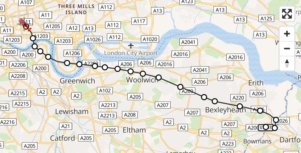 Flight route Air Ambulance Helicopter Barnes Cray - Royal London Hospital, 14 June 2026, 12:31
