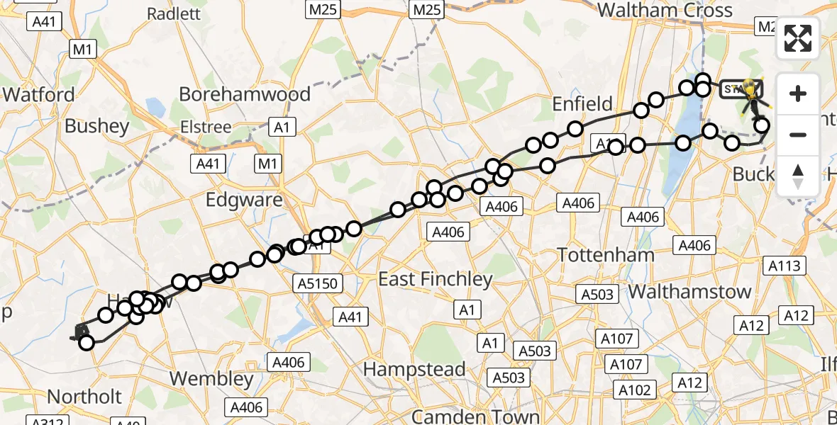 Flight route Police Helicopter Sewardstonebury - Metropolitan Police Air Support Unit Lippitts Hill, 14 June 2026, 12:34