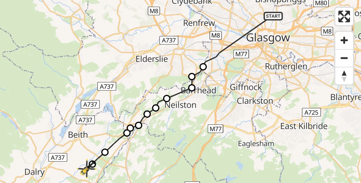 Flight route Police Helicopter Glasgow - Barrmill, 14 June 2026, 12:36