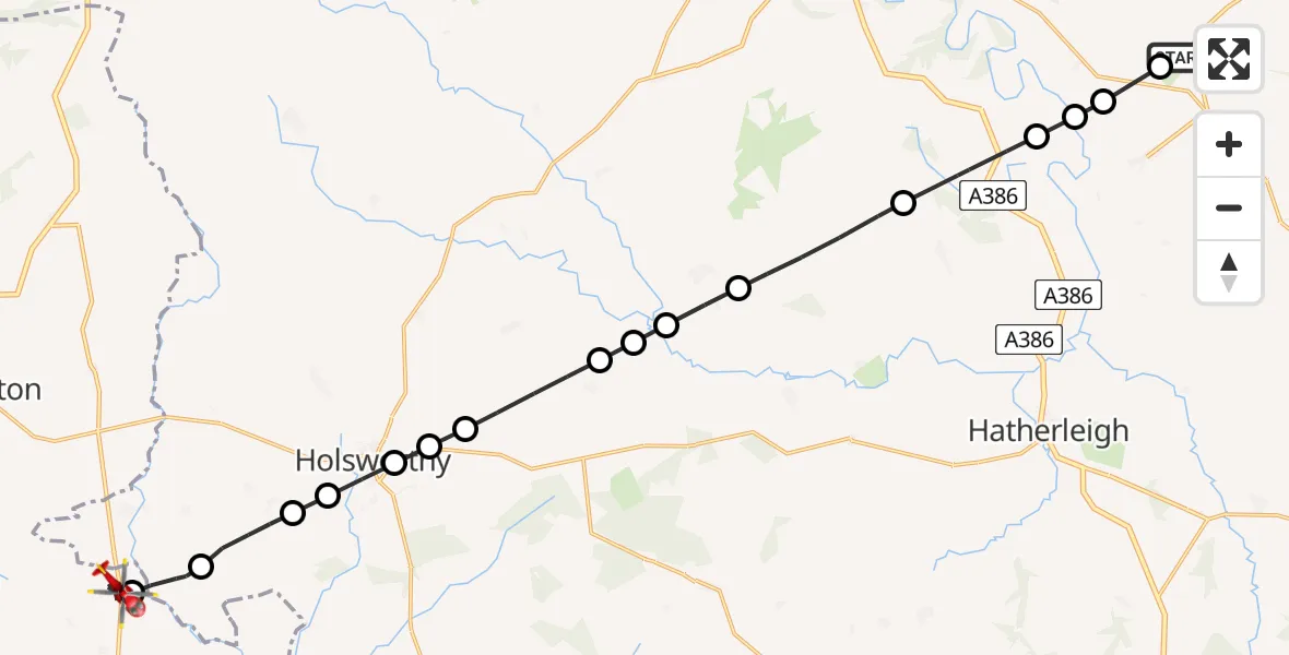 Flight route Air Ambulance Helicopter Torridge - Whitstone, 14 June 2026, 12:37