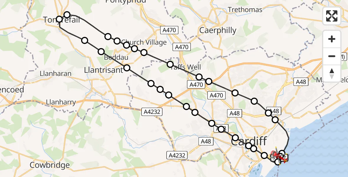 Flight route Air Ambulance Helicopter Cardiff Heliport - Cardiff Heliport, 14 June 2026, 12:41