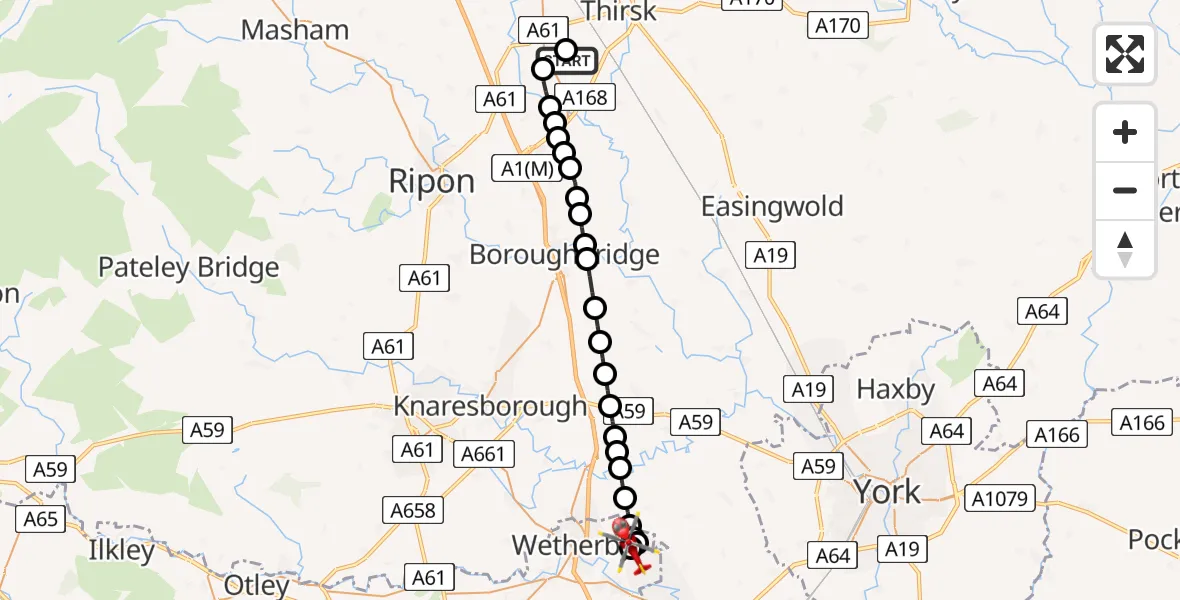 Flight route Air Ambulance Helicopter RAF Topcliffe - Walton, 14 June 2026, 13:01