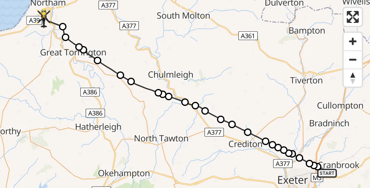 Flight route Police Helicopter Clyst Honiton - Bideford, 14 June 2026, 13:05