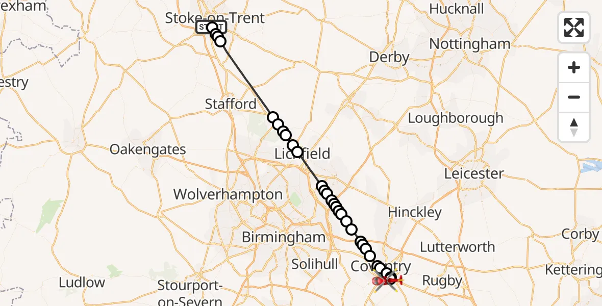 Flight route Air Ambulance Helicopter Stoke - Coventry Airport, 14 June 2026, 13:12