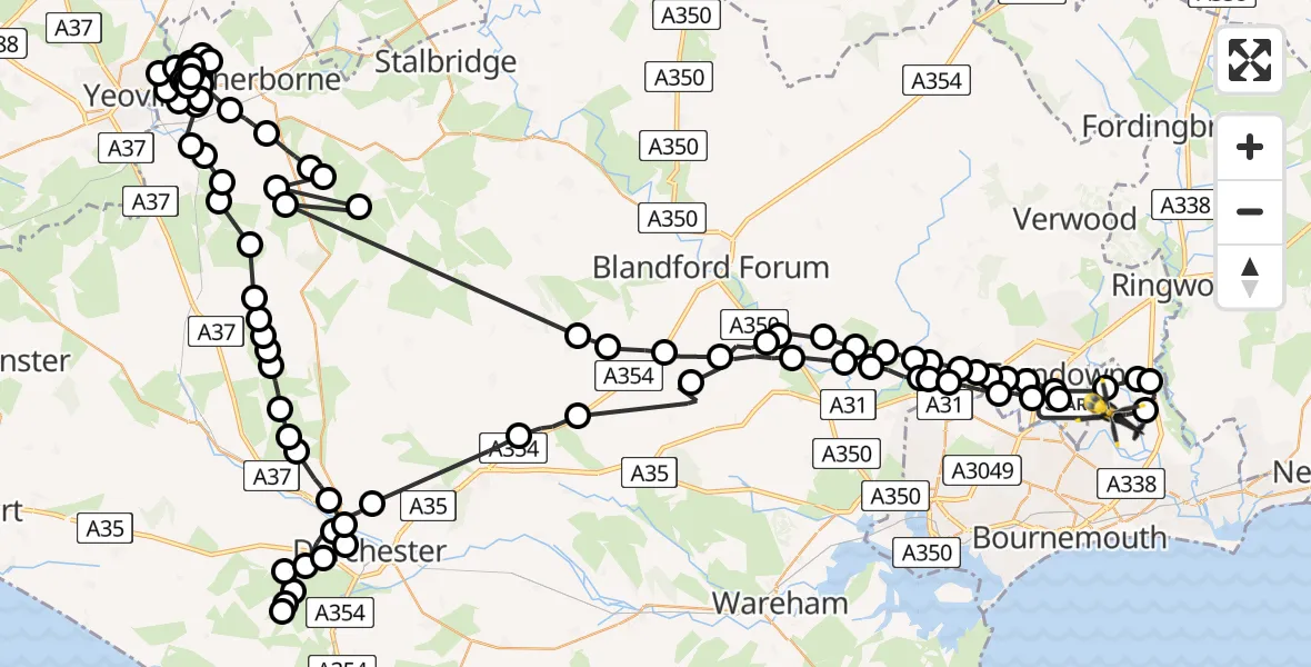 Flight route Police Helicopter Parley Cross - Bournemouth Airport, 14 June 2026, 13:21