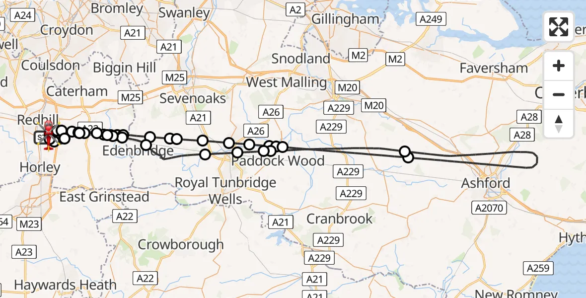 Flight route Air Ambulance Helicopter Redhill Aerodrome - Redhill Aerodrome, 14 June 2026, 13:22