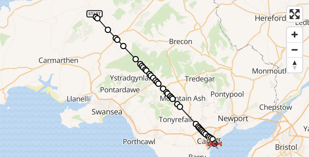 Flight route Air Ambulance Helicopter Cwmann - Cardiff Heliport, 14 June 2026, 13:28