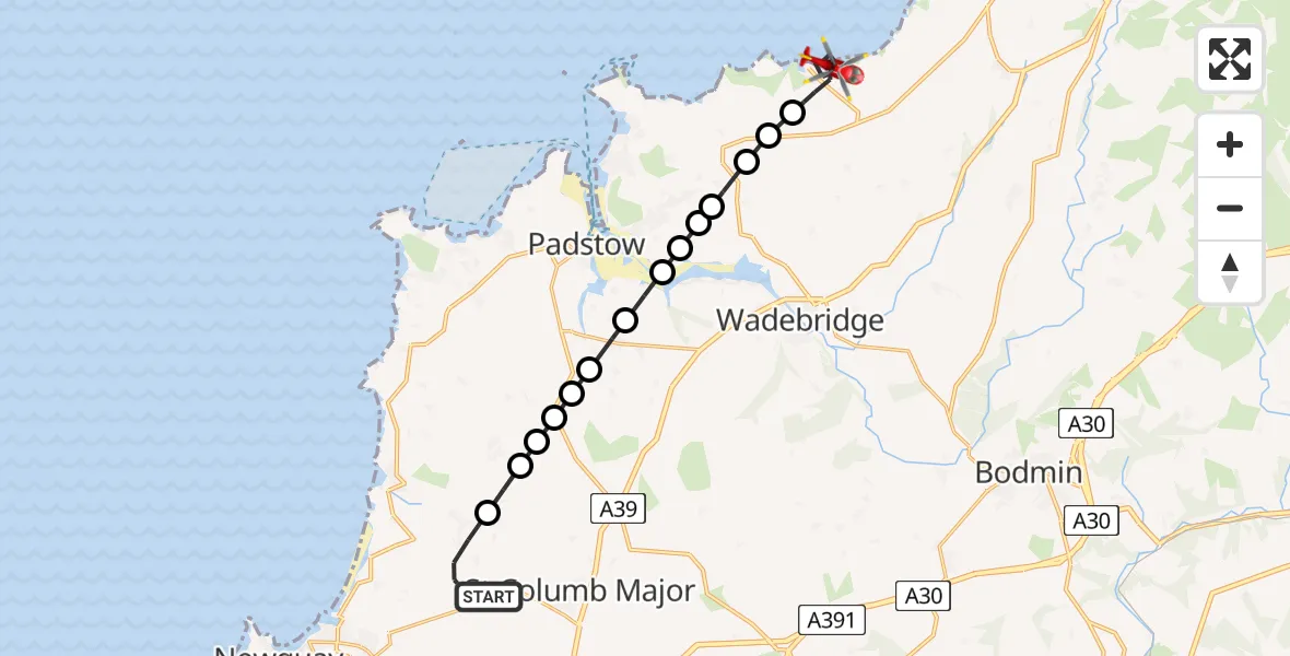 Flight route Air Ambulance Helicopter Cornwall Airport Newquay - Port Isaac, 14 June 2026, 13:32
